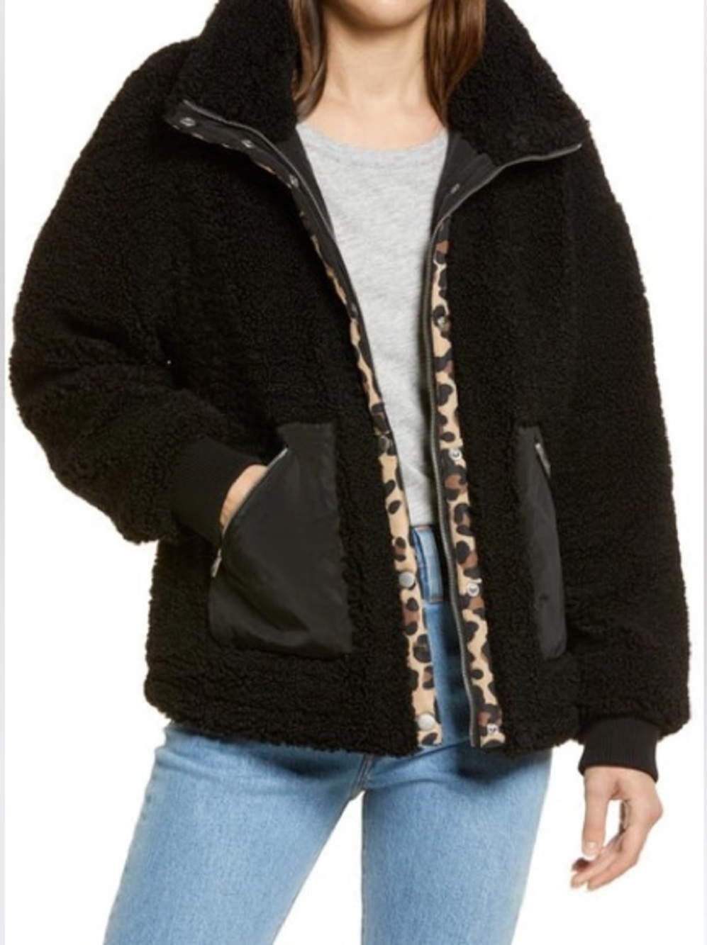 Levi’s Leopard High Pile Fleece Sherpa Teddy Jacket Black Grunge 90s Apres Ski